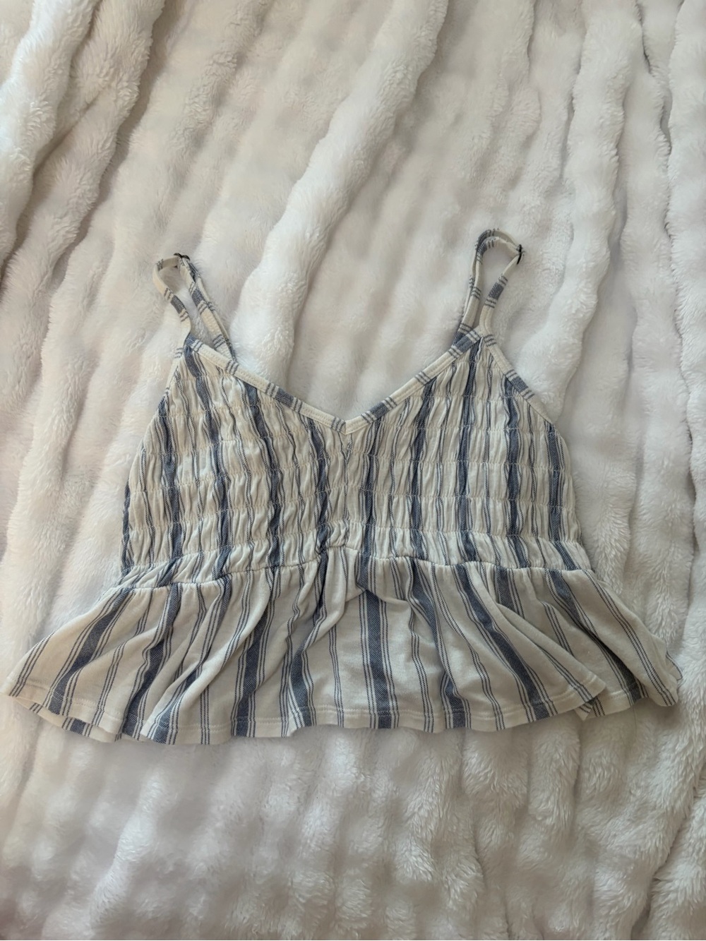 SO Cream and Blue Striped Smocked Peplum Cami - Picture 1 of 3